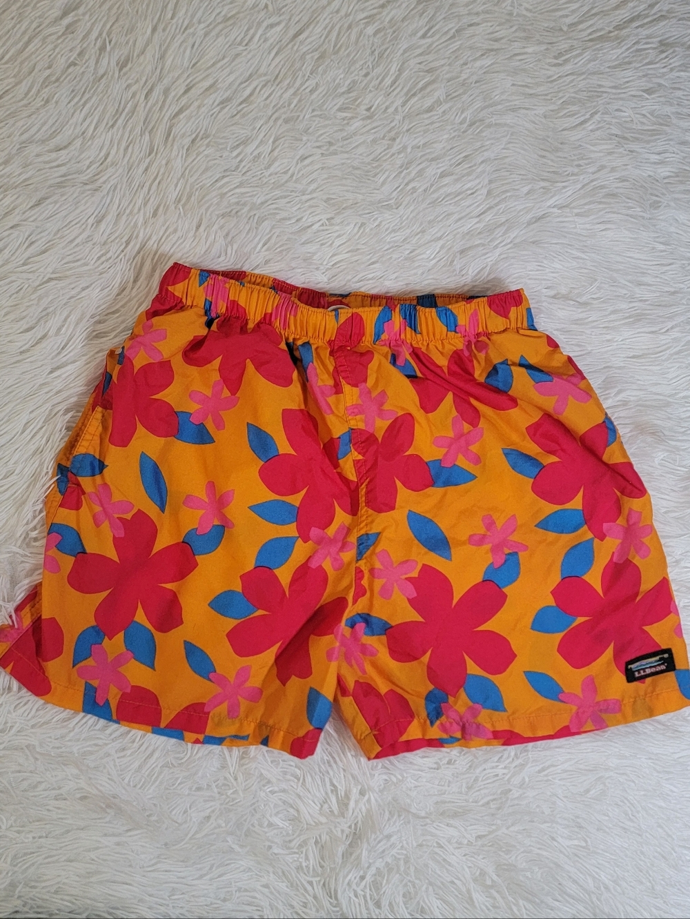 L.L. Bean Girls 7/8 Orange Swim Trunks with Pink & Blue Floral Print